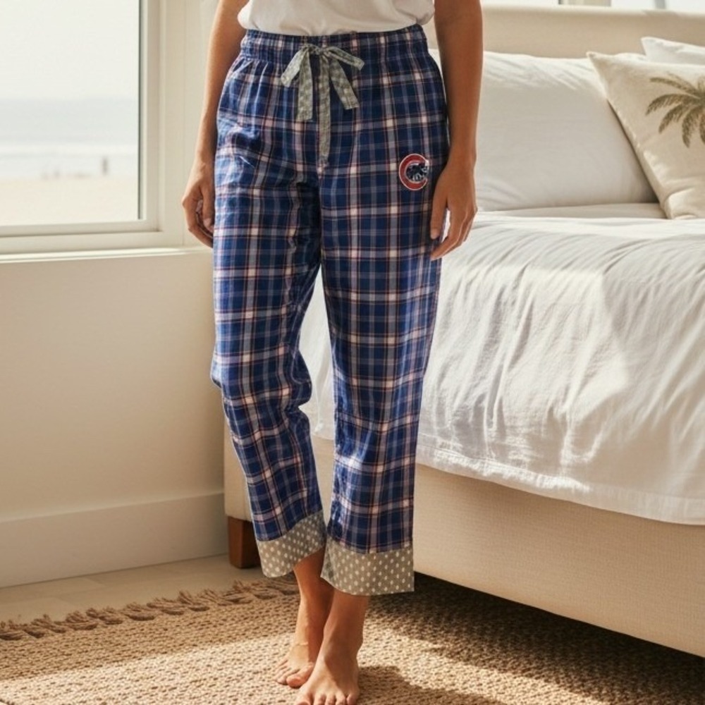 MLB Chicago Cubs Plaid Pajama Pants Blue Silver Metallic Crop Lounge Large